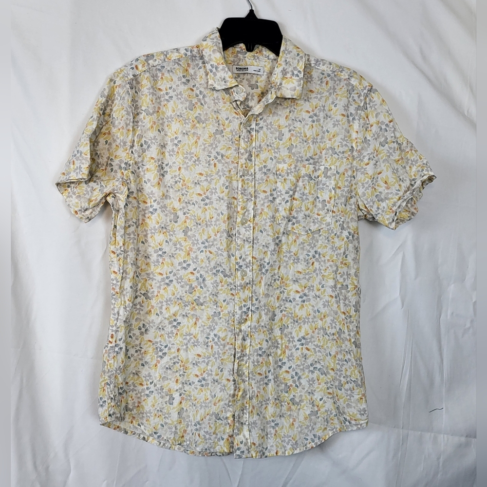 Sonoma Mens Gray Yellow‎ Abstract Floral Linen Blend Short Sleeve Boho Button M